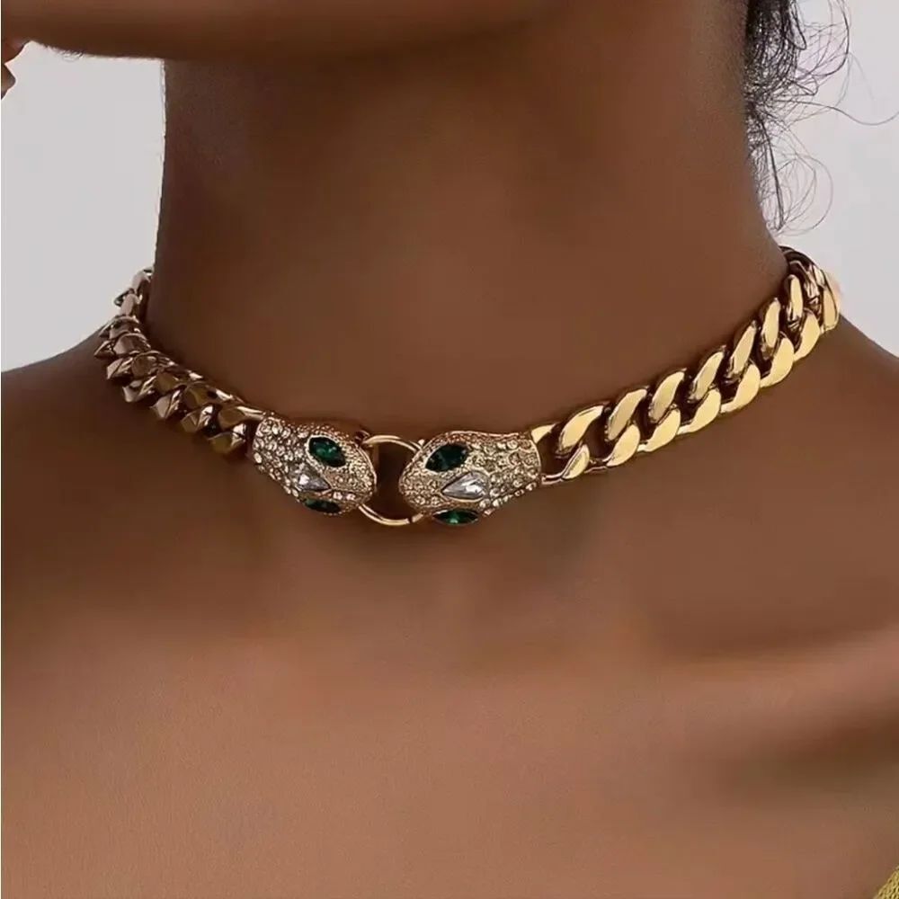 Double Head Green Eyed Snake Necklace Choker